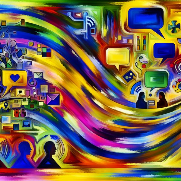 Abstracte weergave van communicatiemethoden: Sociaal en Non-verbaal Kleurrijke abstracte weergave van communicatiemethoden met sociale media iconen en non-verbale communicatie.