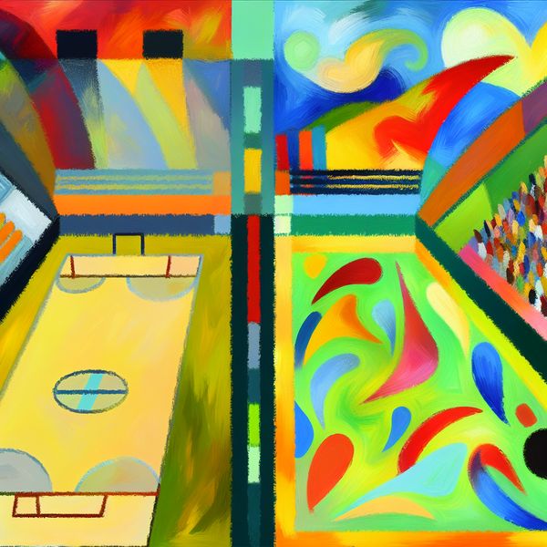Dynamische Abstracte Illustratie van Competitie Abstracte illustratie van een competitiescenario met een chaotische en minder kleurrijke linkerkant en een levendige, kleurrijke rechterkant.