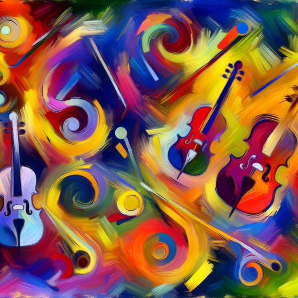 Vibrante abstracte compositie die een muzikaal meesterwerk voor een strijkorkest afbeeldt, met dynamische kleurenswirls en abstracte snaarinstrumenten.