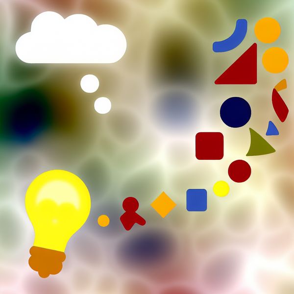 Abstracte afbeelding met kleurrijke vormen en een gedachtewolk met een gele gloeilamp als symbool voor ideeën.