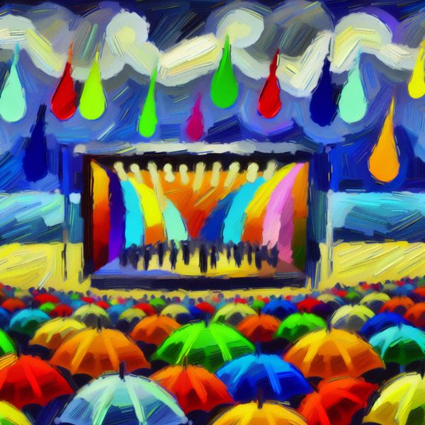 Abstracte Concert Teleurstelling in Regenachtige Stijl van Karel Appel Abstract concert scene met paraplu's in de regen, in Karel Appel-stijl