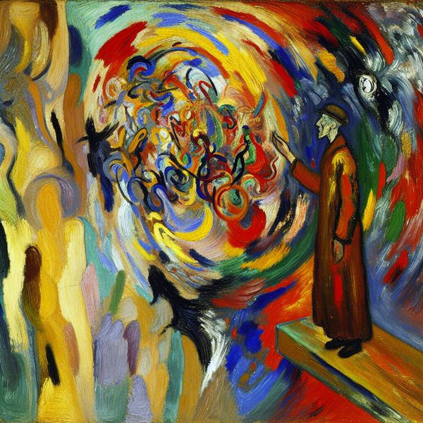 Abstracte conclusie schilderij - dynamische samenvatting in expressionistische stijl Abstract expressionistisch schilderij van een figuur die terugkijkt op een chaotisch, kleurrijk pad, symboliserend een conclusie of samenvatting