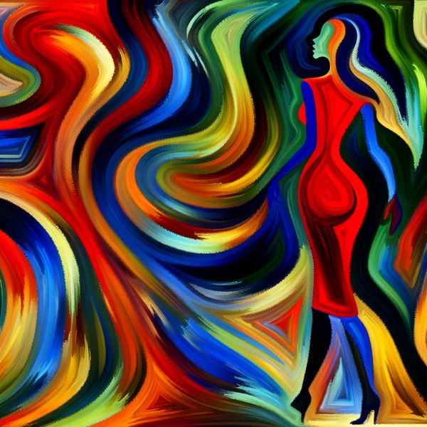 Abstracte contouren van een vrouwelijk figuur in expressieve schilderkunst Abstract schilderij van een vrouw in een strakke jurk met dynamische contouren, geïnspireerd op Karel Appel