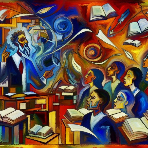 Docent geeft cursus aan volwassenen in abstracte expressionistische stijl Abstract expressionistisch schilderij van een docent die een cursus geeft aan een groep volwassen studenten in een moderne klas, met levendige kleuren en dynamische penseelstreken