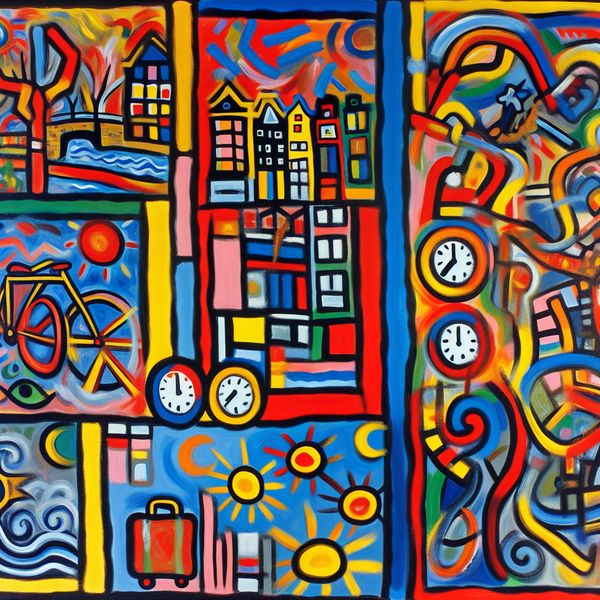 Dagen leren tellen: kleurrijk tijdsverloop in abstracte kunst voor taalstudenten Abstract schilderij van drie dagen met kleurrijke symbolen zoals klokken, zonnen, manen en Amsterdamse iconen in de expressieve stijl van Karel Appel