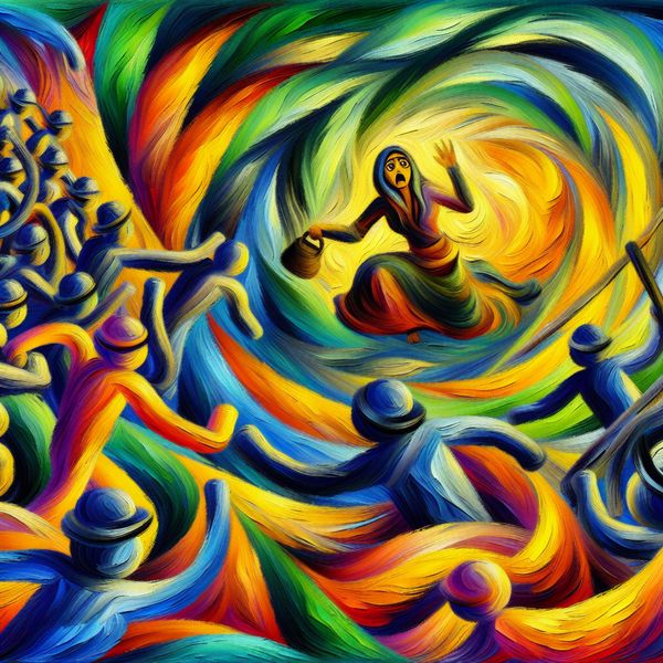 Abstracte voorstelling van een dief gevangen in een chaotische omgeving Abstract expressionistische afbeelding van een verontruste dief omringd door kleurrijke wervelingen die de chaos en spanning van zijn situatie symboliseren.