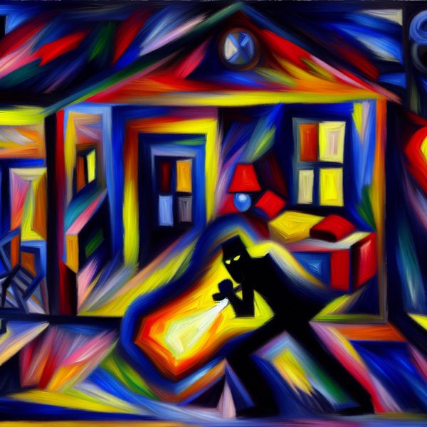 Abstracte voorstelling van een dief die 's nachts door een vervormd huis sluipt met een gloeiend voorwerp in handen, in de stijl van Karel Appel
