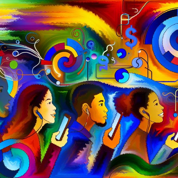 Abstracte digitale compositie met levendige kleuren, waarin jongeren met smartphones interactie hebben, omringd door sociale media-vormen.