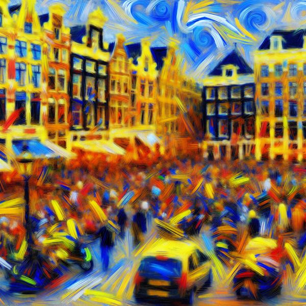 Abstracte voorstelling van een druk stadscentrum met mensen en voertuigen, geïnspireerd door Willem de Kooning.