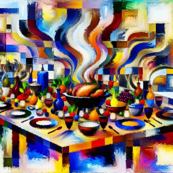 Abstracte weergave van een mooi gedekte eettafel met kleurrijke schotels en een steamende hoofdschotel in het midden, klaar voor gebruik.