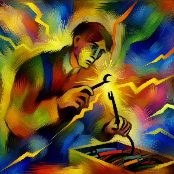 Abstract expressionistische voorstelling van een elektricien die elektrische draden verbindt met een dynamische vonk, in levendige kleuren