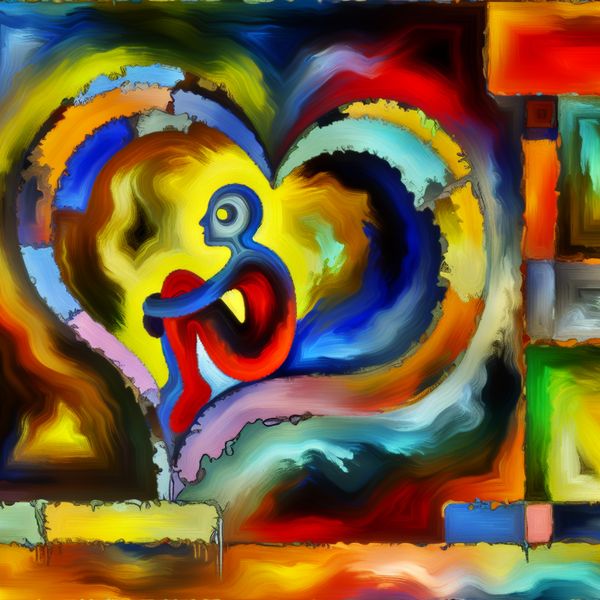 Abstracte emotionele leegte in de stijl van Karel Appel Abstracte weergave van een figuur die op een gebroken hart zit, met felle kleuren rond hem die de chaos van emoties weergeven.