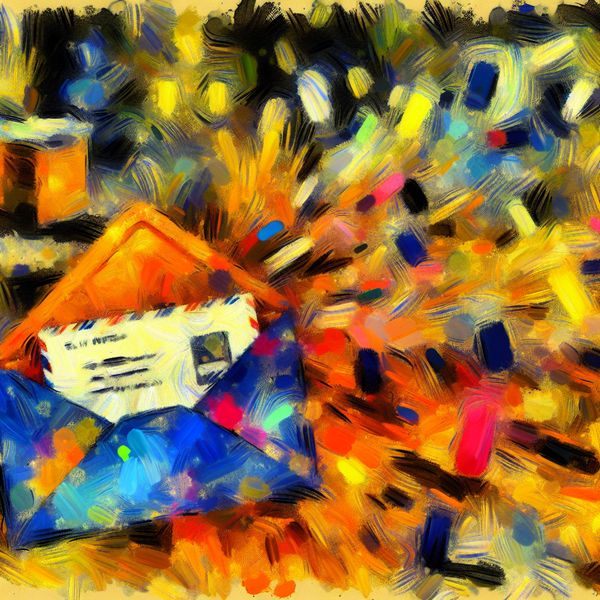 Kleurvolle abstracte envelop met brief in poststijl Abstract expressionistisch kunstwerk van een kleurrijke envelop met een open brief, omgeven door spetterende verf en levendige penseelstreken.