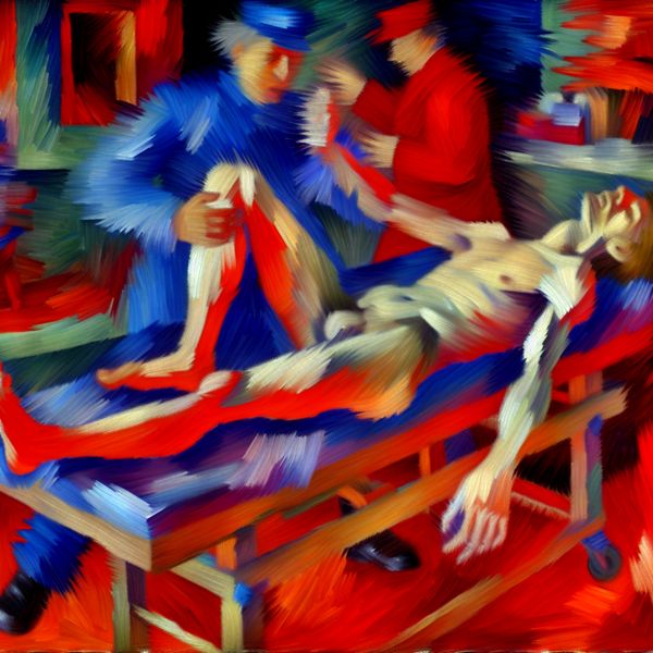 Abstract expressionistische weergave van een epileptische aanval met een figuur in convulsies, chaotische penseelstreken en urgente kleuren