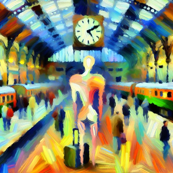 Expressieve abstracte stationsscène met spijt en teleurstelling Abstracte scène met een figuur in een chaotisch station in de stijl van Karel Appel, gevoelens van spijt en teleurstelling