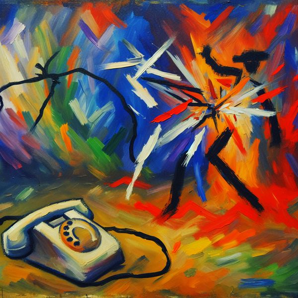 Abstracte Expressie van Verbinding Breken Abstract expressionistische afbeelding van gebroken verbindingen met een kapotte telefoon in de voorgrond en explosie van kleuren op de achtergrond