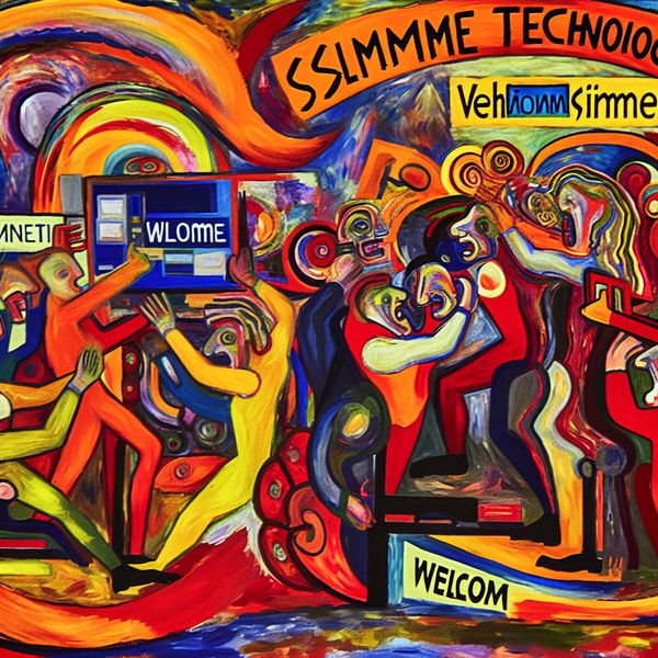 Abstracte Expressie: Zelfbenoeming in Moderne Technologie Abstract expressionistisch kunstwerk met figuren die borden vasthouden met teksten 'Slimme Technologie' en 'Welkom', weergegeven in felle kleuren en dynamische penseelstreken.