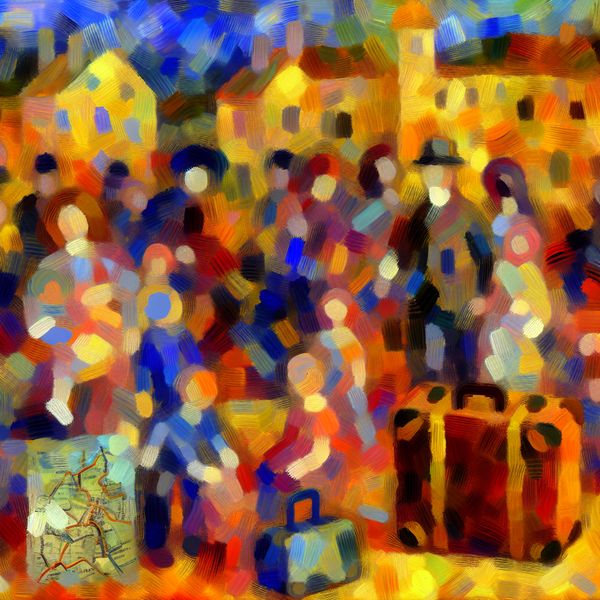 Familierelatie in abstracte stijl: dynamische voorbereiding op vakantie met kinderen Abstract expressionistisch schilderij van een warme, chaotische familiescène met dynamische beweging en felle kleuren, symboliserend een hechte relatie tijdens een vakantievoorbereiding