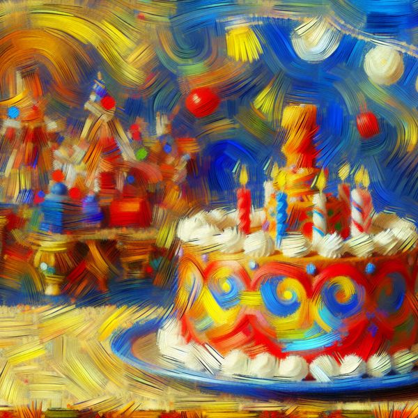 Abstracte feestelijke scène met taart in de stijl van Willem de Kooning Abstract expressief schilderij van een versierde taart op een feesttafel, omringd door kleurrijke feestdecoraties en ballonnen