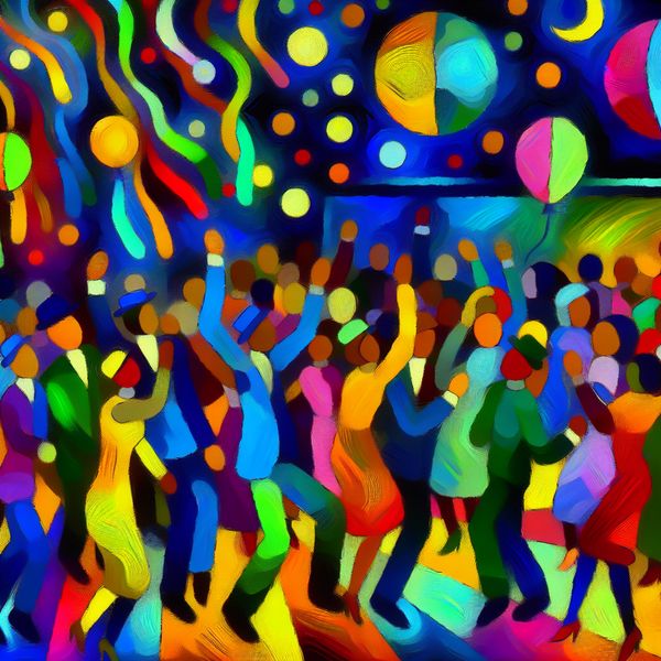 Abstracte Feestsfeer met Diverse Groepen Mensen Abstract feestscène met een diverse groep mensen die vrolijk samen dansen en vieren