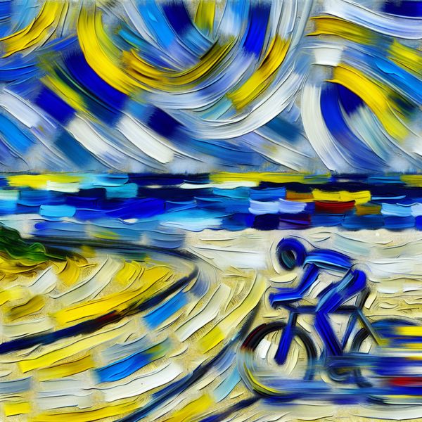Abstracte fietser in beweging naar bestemming - taal en beweging leren Abstract expressionistische voorstelling van een fietser in beweging naar een bestemming, met dynamische penseelstreken en levendige kleuren die snelheid en richting uitbeelden