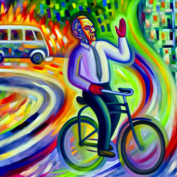 Vibrante Abstracte Figuur op Fiets met Linkerhand Abstracte uitdrukking van een mensfiguur op een fiets die met de linkerhand zwaait, tegen een chaotische achtergrond van kleuren en beweging.