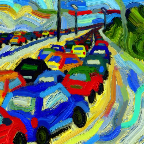 Abstracte voorstelling van een file op de snelweg tijdens de spits, met felle kleuren en dynamische vormen in de stijl van Karel Appel