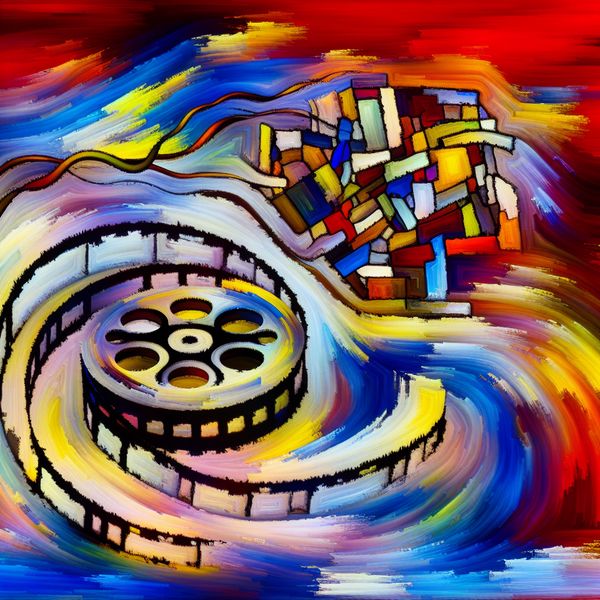 Abstracte Filmvertoning en Taart: Een Visuele Reis door Zinnen en Beschrijvingen Abstracte weergave van een filmvertoning met een expressieve filmspoel en lagen van een abstracte taart, gekenmerkt door levendige kleuren en geometrische vormen.