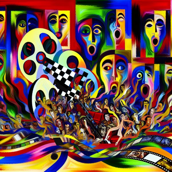 Abstracte compositie met een chaotische filmset in de stijl van Karel Appel Abstracte compositie geïnspireerd door Karel Appel, toont een chaotische filmmenset met levendige kleuren en vervormde vormen zoals een uitrollende filmrol en schokkende gezichten.