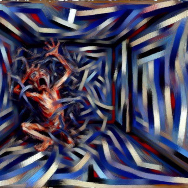 Claustrofobie en fobieën: abstracte weergave van irrationele angst Abstract expressionistisch schilderij van een persoon die overweldigd wordt door irrationele angst in een kleine, benauwde ruimte, met chaotische penseelstreken en intense kleuren