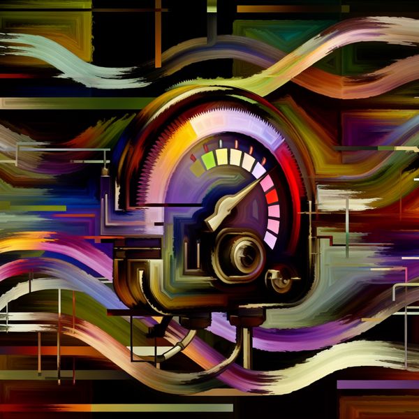 Abstract expressionistisch kunstwerk met een digitale meter die fluctuerende gegevens toont in heldere kleuren