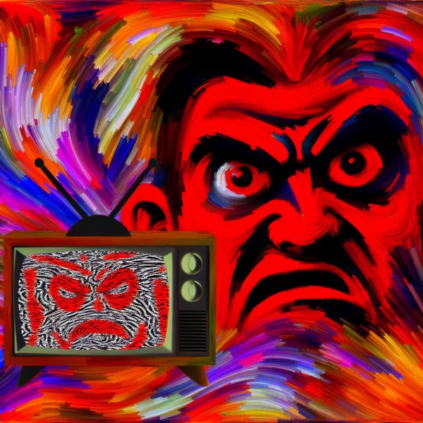 Abstracte afbeelding van een boos uitziend persoon met overdreven gelaatsuitdrukking, zittend voor een televisiescherm dat statisch beeld toont, in een chaotische kleurrijke achtergrond.