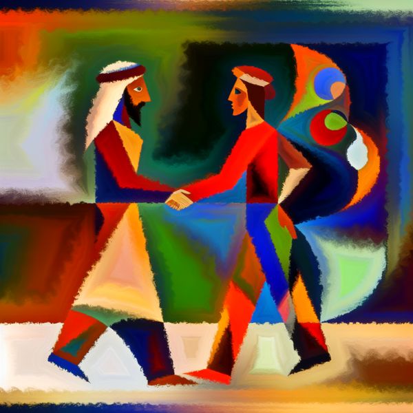Abstracte Handdruk in Appel Stijl Abstracte scène met twee mensen die elkaar begroeten met een handdruk in de stijl van Karel Appel