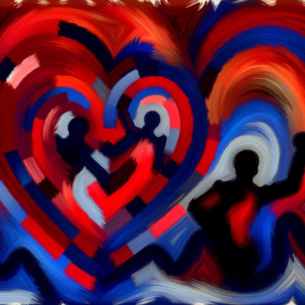 Abstract expressionistische compositie die het concept van een hartslag uitbeeldt met agressieve penseelstreken in rood en blauw.