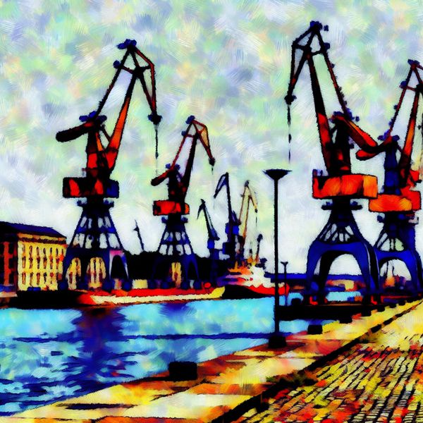 Abstract schilderij van oude havenkranen langs een levendige kade met een bruisende haven op de achtergrond