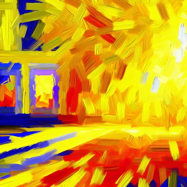 Abstracte voorstelling van een zonnige kamer met felle kleuren en dikke penseelstreken, die helderheid en lichtinval uitbeeldt in de stijl van Karel Appel