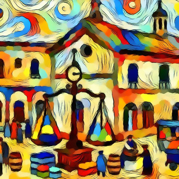 Abstracte weergave historische waag en weegplaats in marktplein stijl Karel Appel Kleurrijke, abstracte weergave van een historische waag in een levendige markt met een grote weegschaal, kooplieden en goederen in expressieve stijl