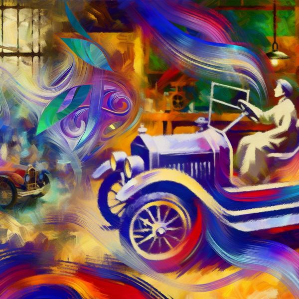 Hobby in vrije tijd: abstracte voorstelling van autoliefhebber in garage Abstract expressionistisch schilderij van een persoon die gepassioneerd aan een auto sleutelt in een garage tijdens vrije tijd