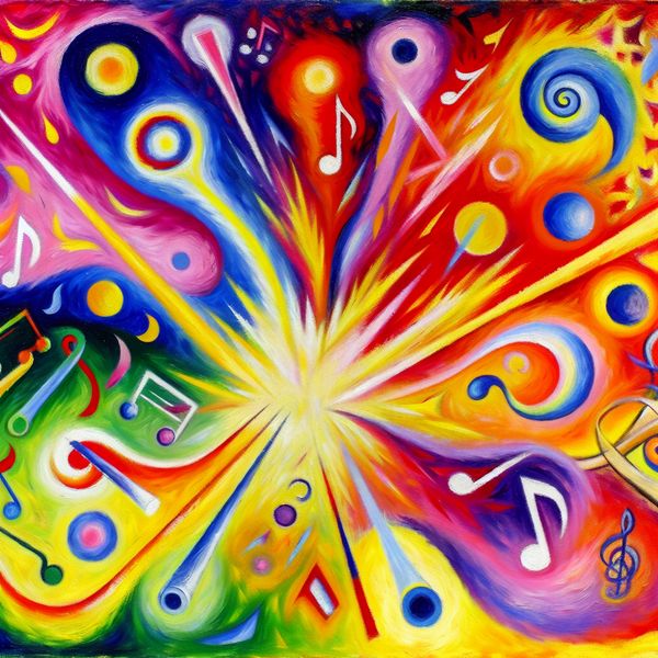 Abstracte hoge frequentiegeluiden in kleurrijke compositie Abstracte voorstelling van hoge frequentiegeluiden met levendige kleuren en speelse muzieksymbolen.