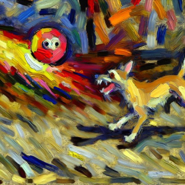 Hond speelt met bal - abstracte expressionistische kunst voor taalonderwijs Abstract expressionistisch schilderij van een energieke hond die een felgekleurde bal achtervolgt met wervelende bewegingen