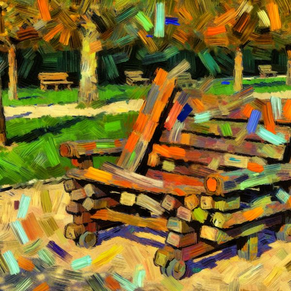 Abstract expressionistisch schilderij van een versleten houten zitbank in een park, met dynamische penseelstreken en levendige kleuren