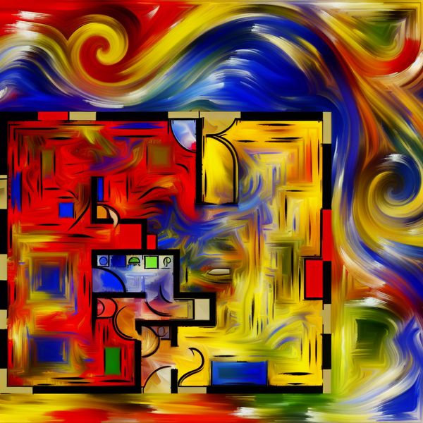 Abstracte Plattegrond van een Huis in de Stijl van Willem de Kooning Abstracte expressie van een huis met kleurrijke indeling, geïnspireerd op Willem de Kooning