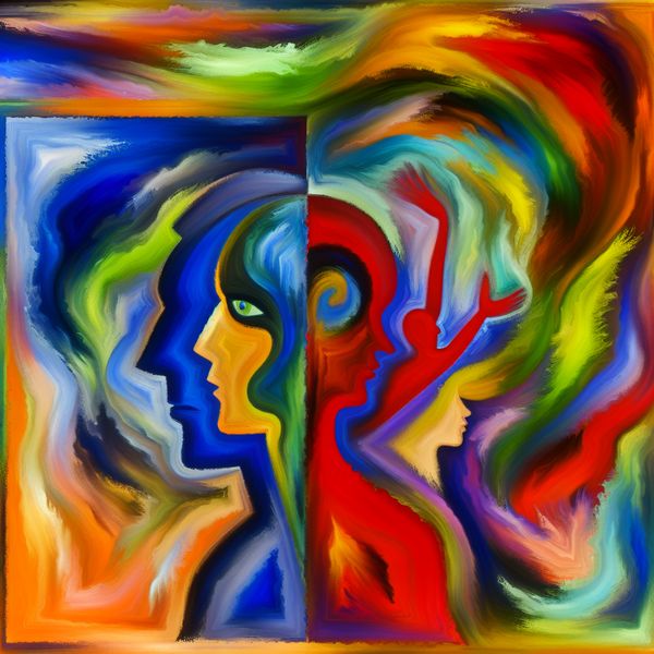 Dualiteit van Identiteiten in Abstracte Kunst Abstracte afbeelding van een persoon met twee gezichten, symbool voor meervoudige persoonlijkheidsstoornis.