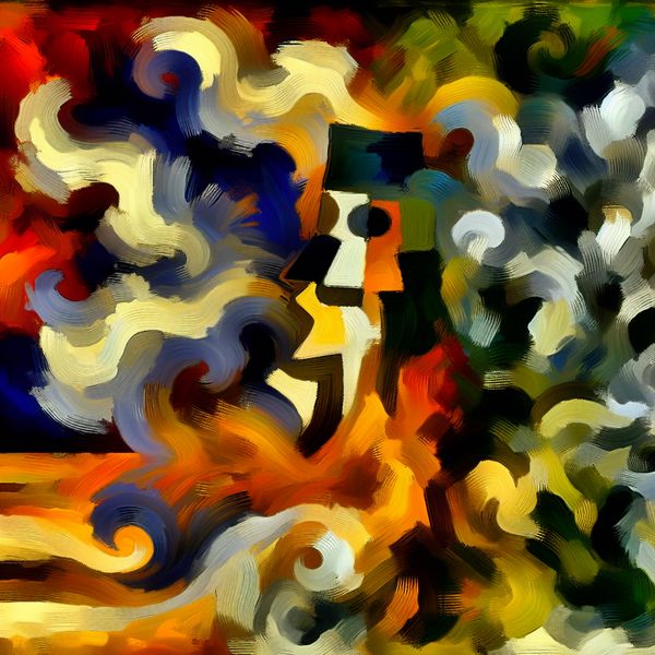 Invloed en macht in abstracte kunst: de kracht van wetten en regels Abstract expressionistisch kunstwerk dat de kracht van invloed of macht uitbeeldt, met chaotische vormen die overgaan in een duidelijke structuur zoals een hamer of document