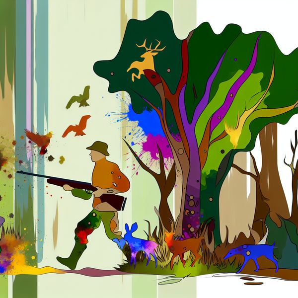 Abstracte kunst van jacht en natuur Een abstracte afbeelding van een jager in een kleurrijk bos met dieren