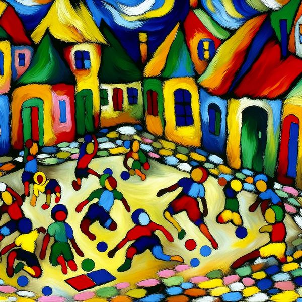 Abstract schilderij van spelende kinderen op een dorpsstraat, geïnspireerd op de stijl van Karel Appel, met felle kleuren en dynamische penseelstreken