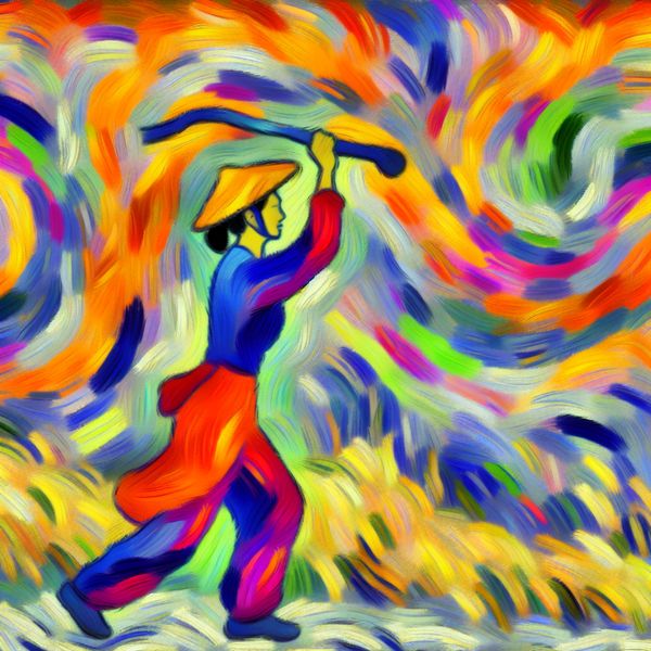 Abstracte Jogger in Karel Appel-Stijl Abstracte scène van een jogger omringd door kleurrijke vormen in Karel Appel-stijl