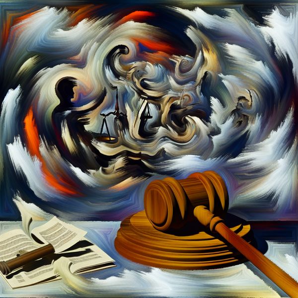 Abstracte juridische chaos met gavel en documenten Abstracte expressie van een chaotische juridische situatie met een gavel en juridische documenten, omgeven door draaiende gedachten en emoties.