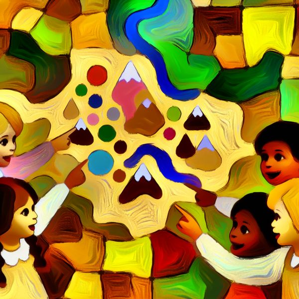 Speelse abstracte kaart van een denkbeeldig land Een abstracte kaart van een klein, denkbeeldig land met speelse vormen zoals bergen en rivieren, terwijl kinderen van verschillende achtergronden nieuwsgierig naar de kaart wijzen.