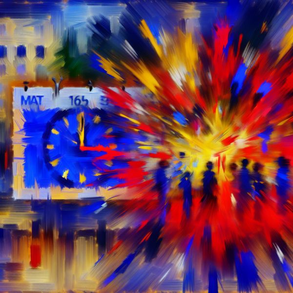 Abstracte kalender met belangrijke vergaderdatum Abstracte weergave van een kalender met een gemarkeerde datum voor een vergadering, omringd door dynamische en kleurrijke elementen in de stijl van Willem de Kooning